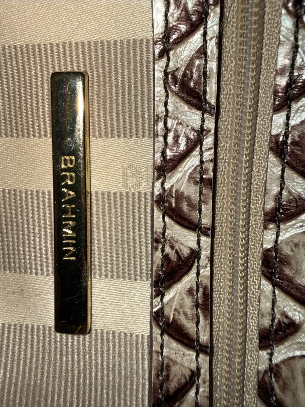 Brahmin Cream and Dark Brown Embossed Leather Satchel